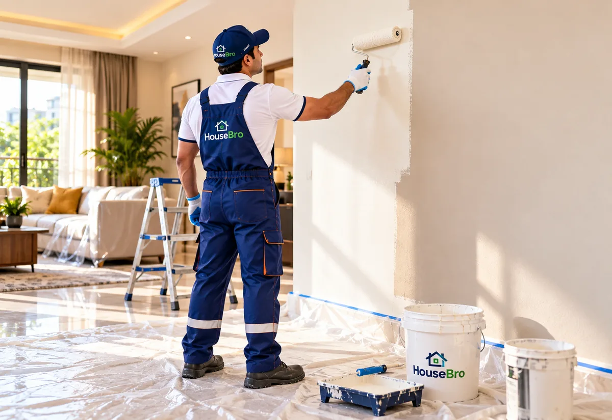 Illustrative image: a paint roller applying fresh white paint over an old wall.