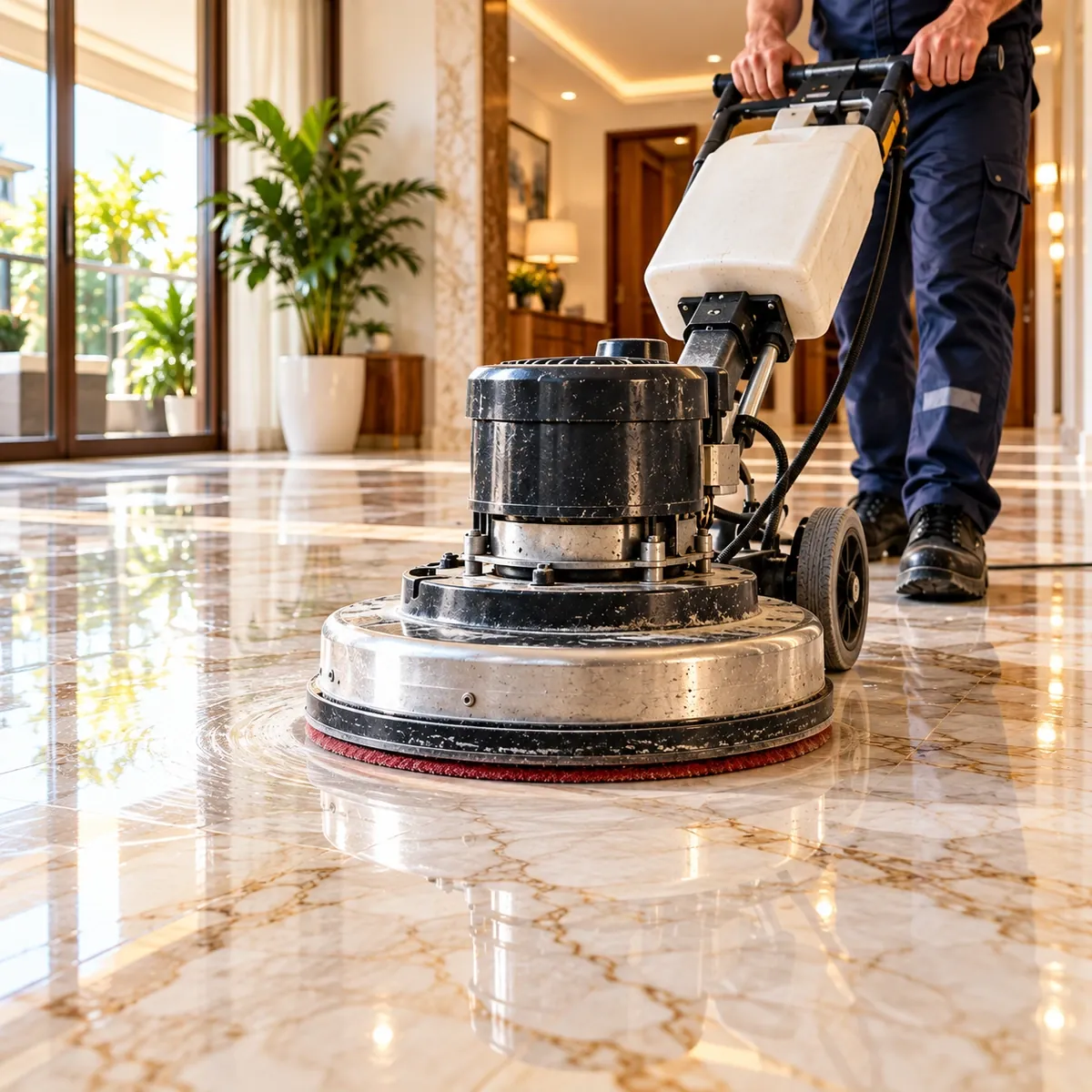 Illustrative image: a rotary polishing machine on a light marble floor.