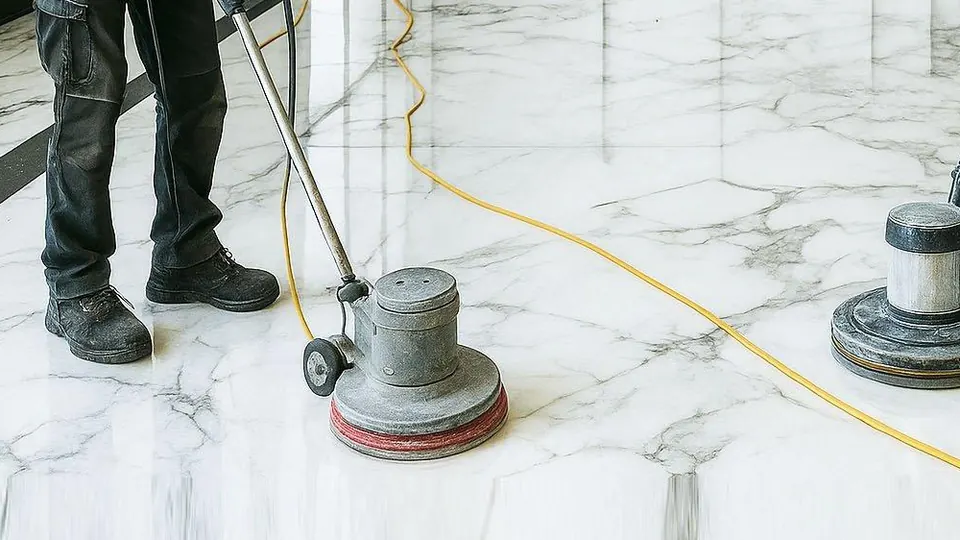 Illustrative image: a rotary floor polishing machine with a polishing pad on a light stone floor.