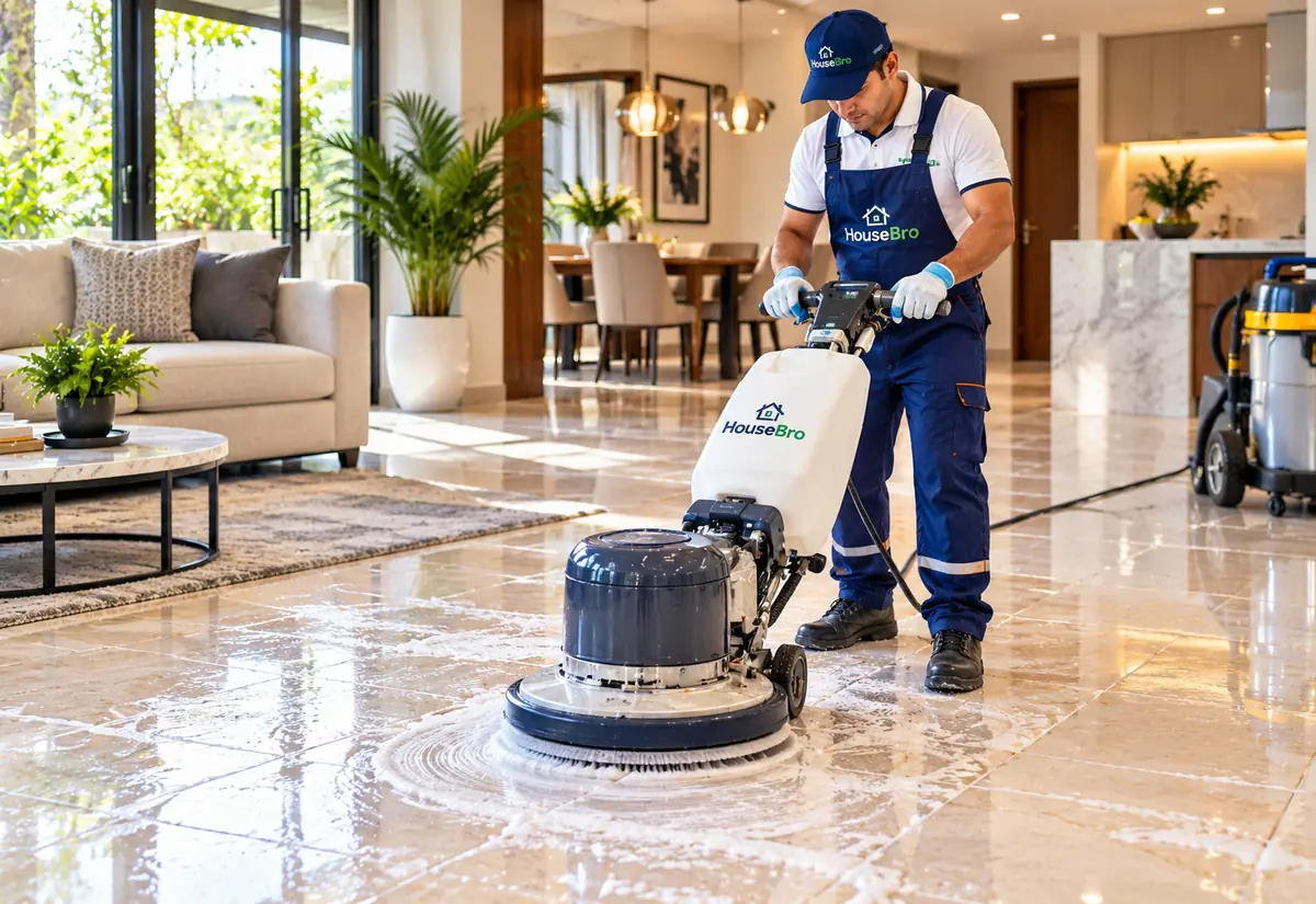 Illustrative image: a floor scrubbing machine cleaning a tiled floor.
