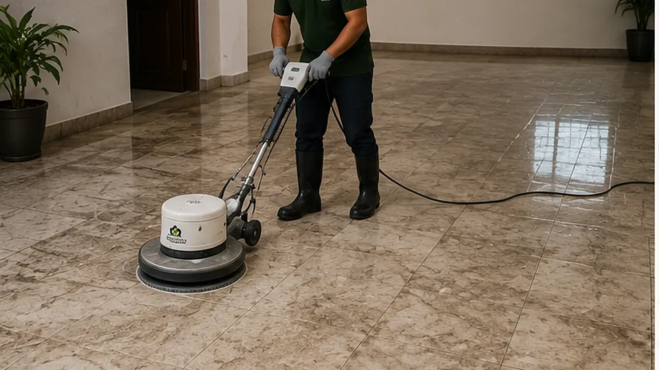 Illustrative image: a technician in gloves running a rotary scrubbing machine over a tiled floor with visible grout lines.