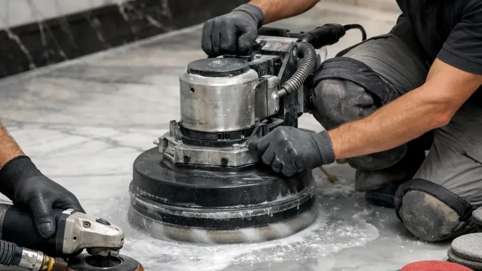 Illustrative image: a close view of a diamond polishing head and abrasive pads on a wet marble surface.