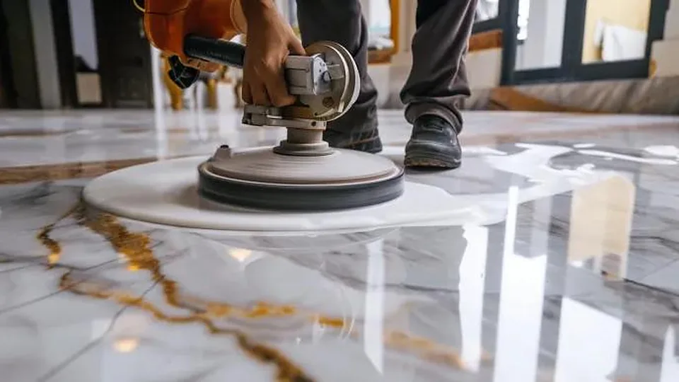 Illustrative image: a rotary polishing machine working a high-gloss marble floor in a living room.