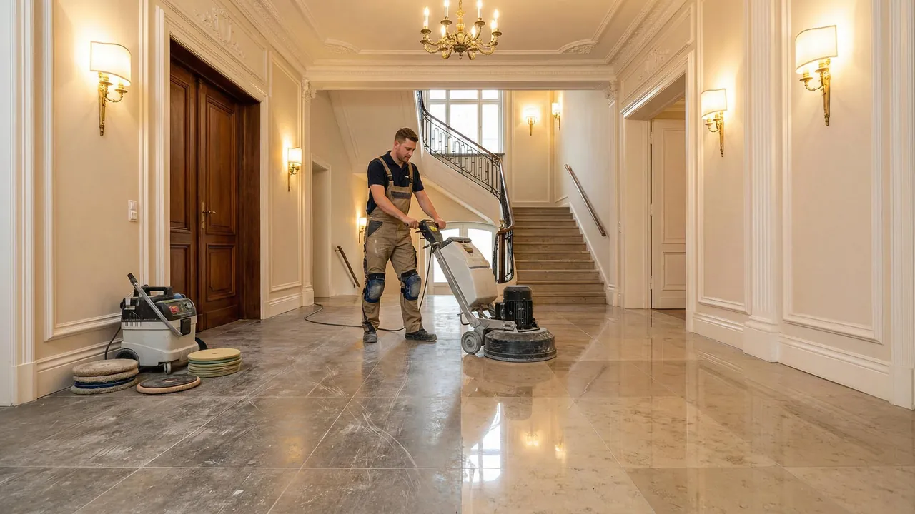 Illustrative image: a floor grinding and polishing machine being used on a stone floor in a large period interior.