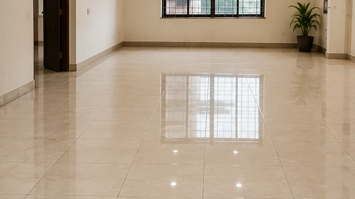 Illustrative image: an empty room with a clean, glossy beige tiled floor and straight grout lines.