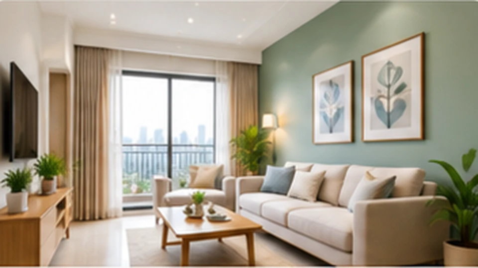 Illustrative image: a 1 BHK living room with a painted sage green feature wall, sofa and framed wall art.