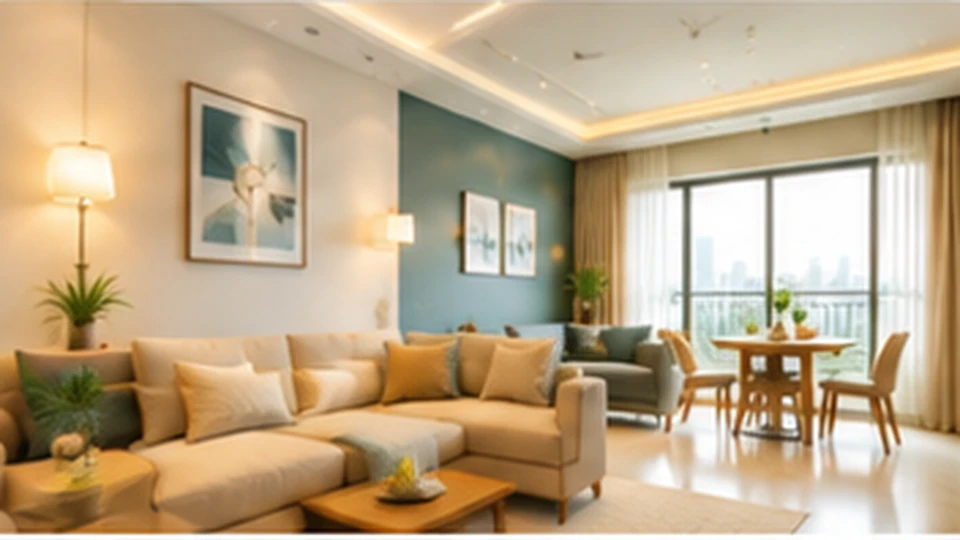 Illustrative image: a 2 BHK living and dining area with a painted teal feature wall, sofas and a dining table.