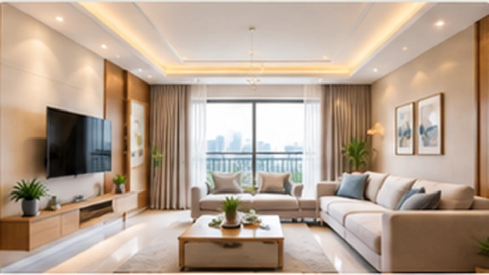 Illustrative image: a 3 BHK living room with painted walls, a TV console and ceiling cove lighting.