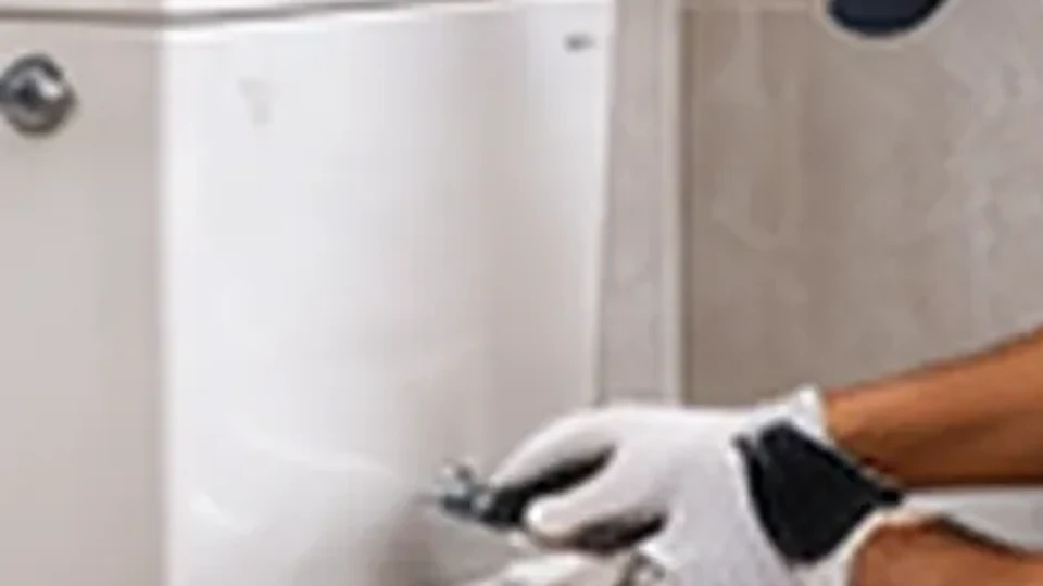 Illustrative image: a plumber working on a toilet cistern in a tiled bathroom.