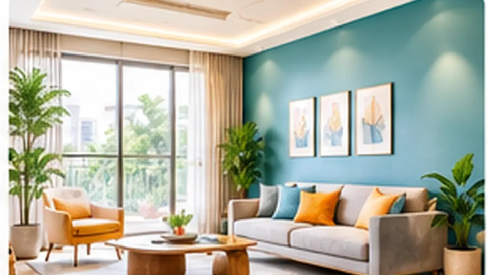 Illustrative image: a living room with a painted feature wall, sofa and indoor plants.