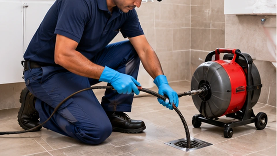 Illustrative image: a plumber clearing a floor drain with a drain-cleaning machine and cable.