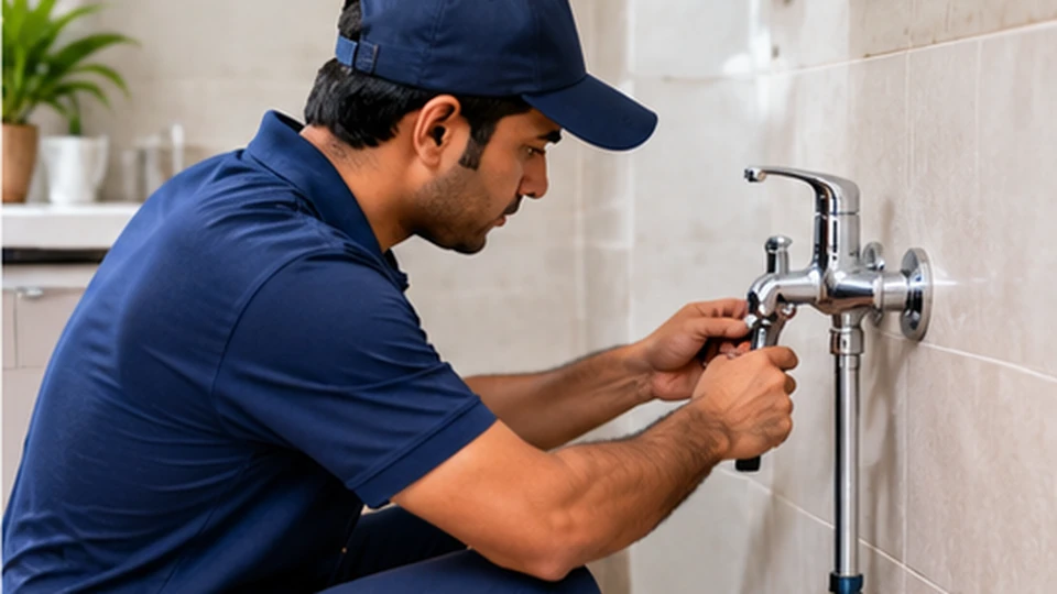 Illustrative image: a plumber fitting a tap to a wall pipe.