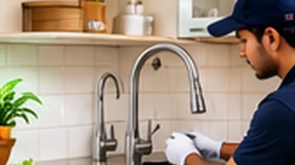 Illustrative image: a plumber working on a kitchen sink mixer tap.