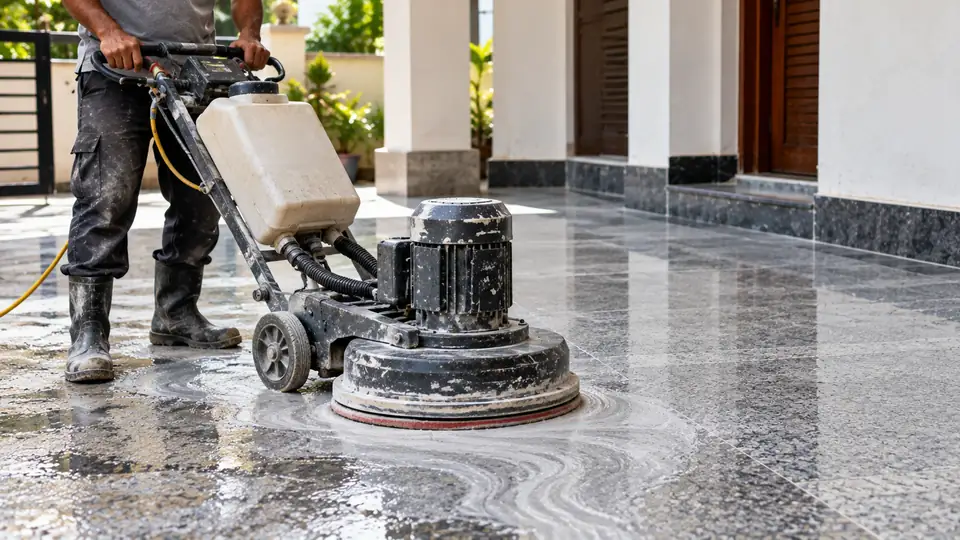 Illustrative image: an operator running a water-fed floor grinding machine across a stone floor, with wet slurry spread across the worked area.