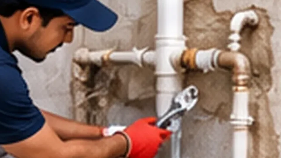 Illustrative image: a plumber tightening a wall pipe joint with a spanner.