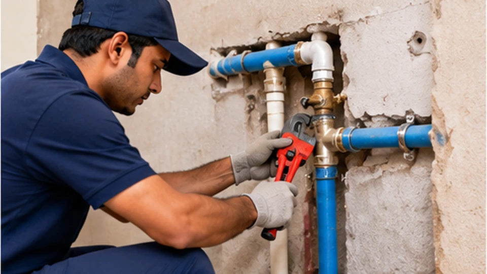 Illustrative image: a plumber using a pipe wrench on an exposed wall pipeline.