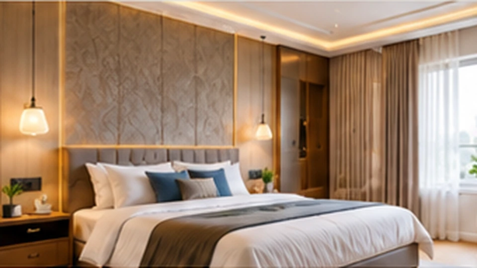 Illustrative image: a bedroom with a painted feature wall, upholstered headboard and pendant lighting.