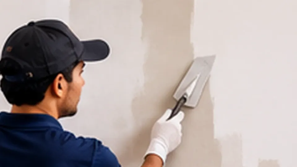 Illustrative image: a painter smoothing an interior wall with wall putty and a steel float.