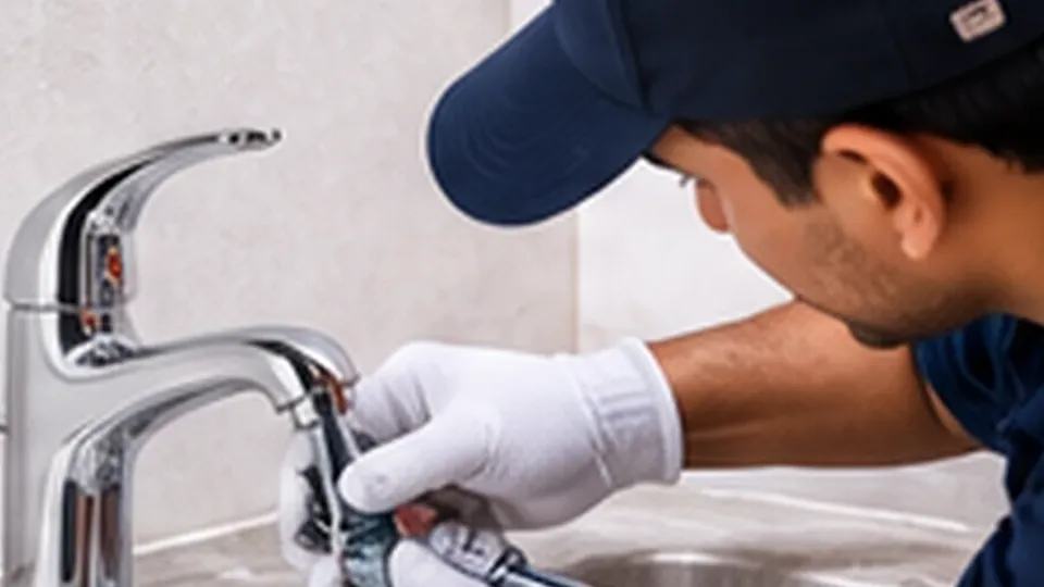 Illustrative image: a gloved plumber servicing a chrome basin tap.