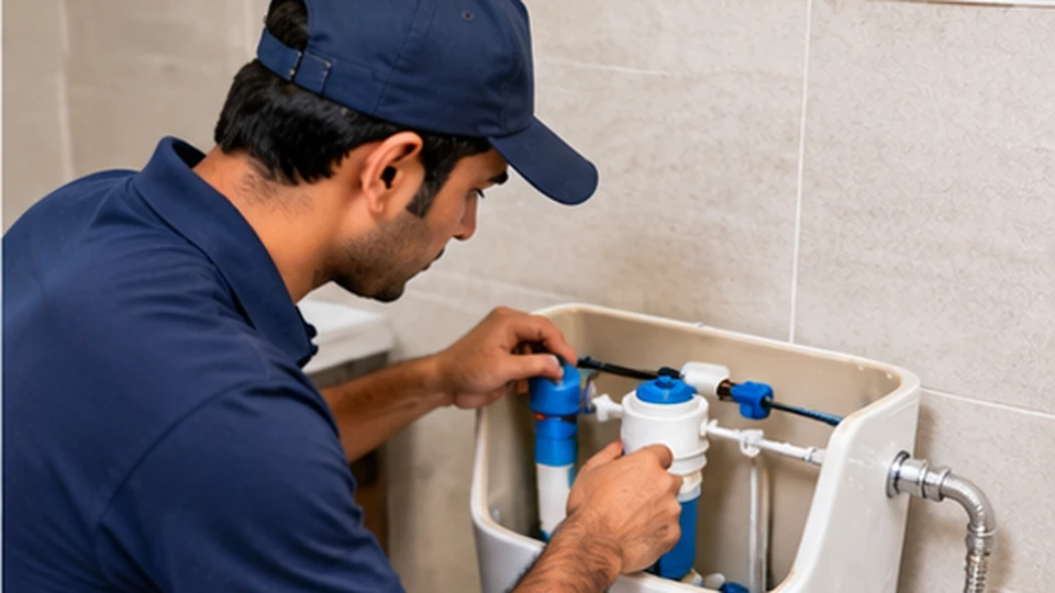 Illustrative image: a plumber repairing the flush mechanism inside a toilet cistern.