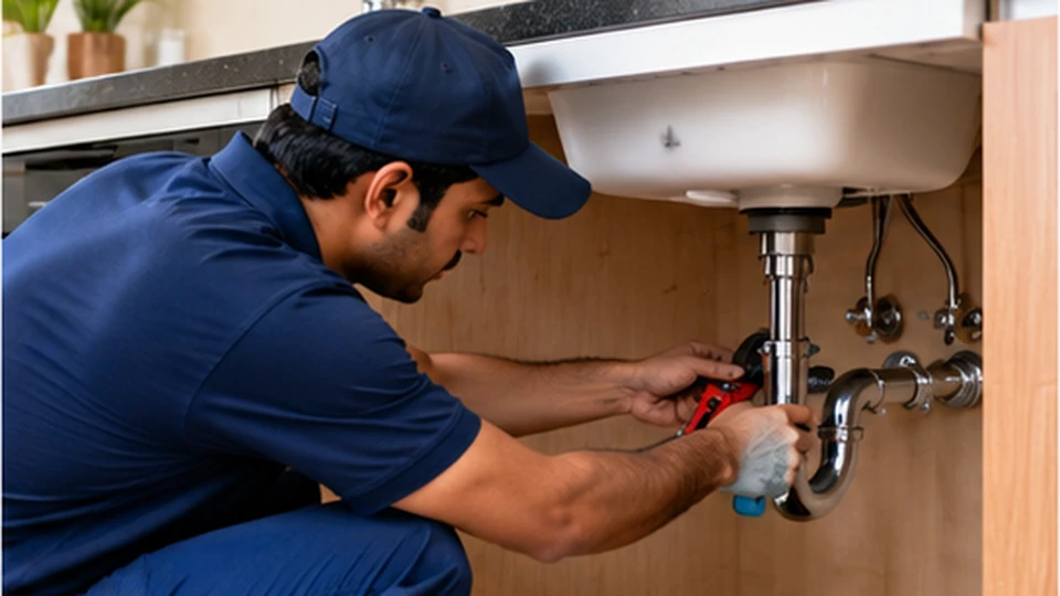 Illustrative image: a plumber working on the pipework beneath a kitchen sink.