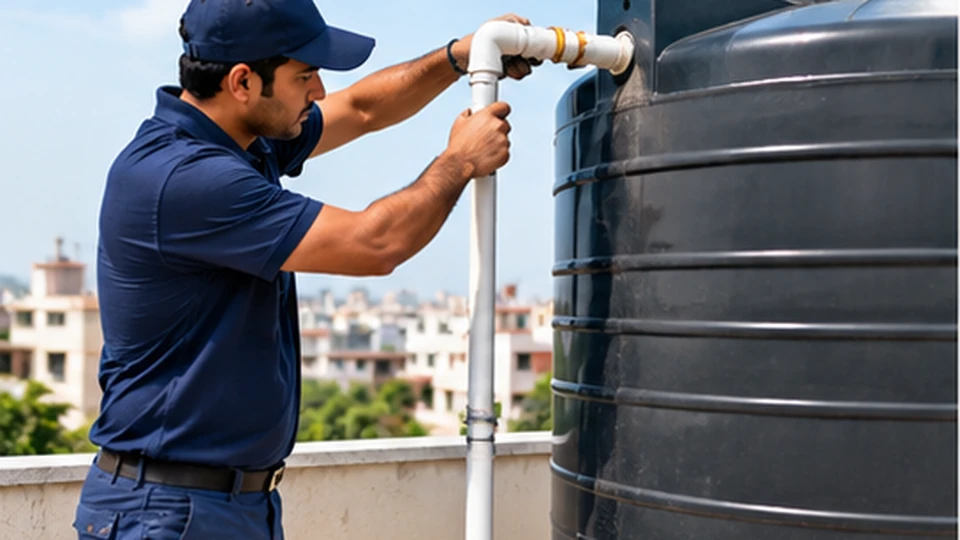 Illustrative image: a plumber connecting an inlet pipe to a rooftop water storage tank.