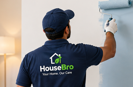 Illustrative image: a painter in a branded polo and cap rolling light blue paint onto a white interior wall.